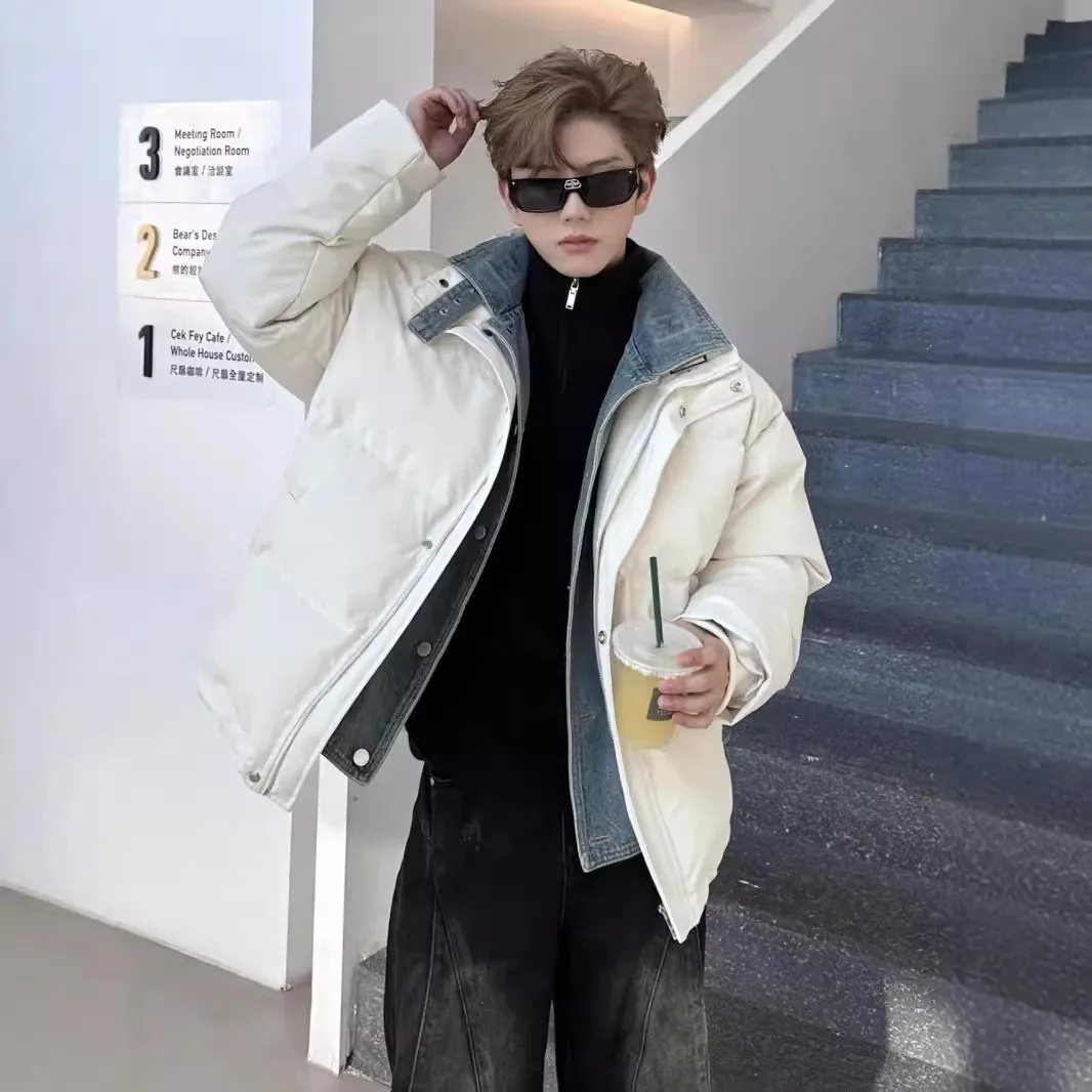 Men Denim Patchwork Coats Stand Collar Parkas Jackets Zipper Pocket Buttons Long Sleeves Thick Loose Casual 2025 Autumn Winter