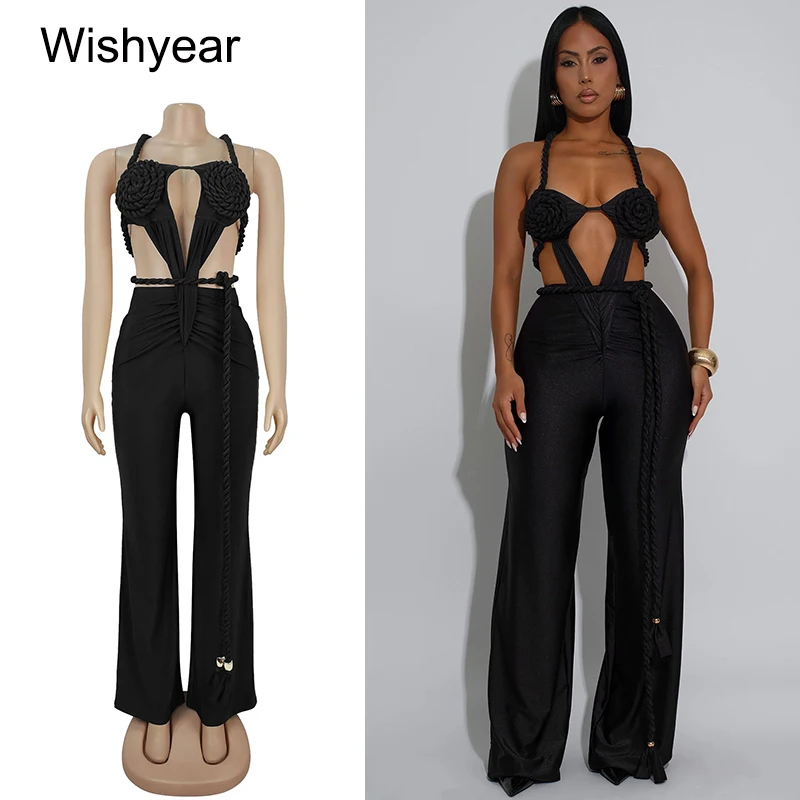 

Wishyear Bandage Halter Backless Bodycon Black Wide Leg Jumpsuits Women Hipster Birthday Party Club One Piece Rompers Tracksuits
