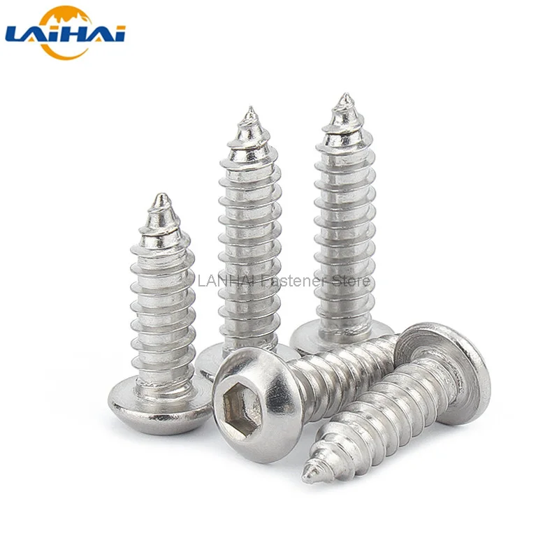 

10/50pcs M3 M4 M5 M6 A2-70 304 Stainless Steel Allen Hexagon Hex Socket Button Round Head Self Tapping Wood Screw Length=6-50mm