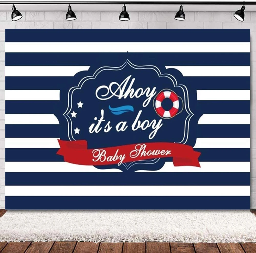 Ahoy It's A Boy Baby Shower Photography Backdrop Marine Theme Life Ring Navy Blue Striped Gender Reveal Party Banner Background