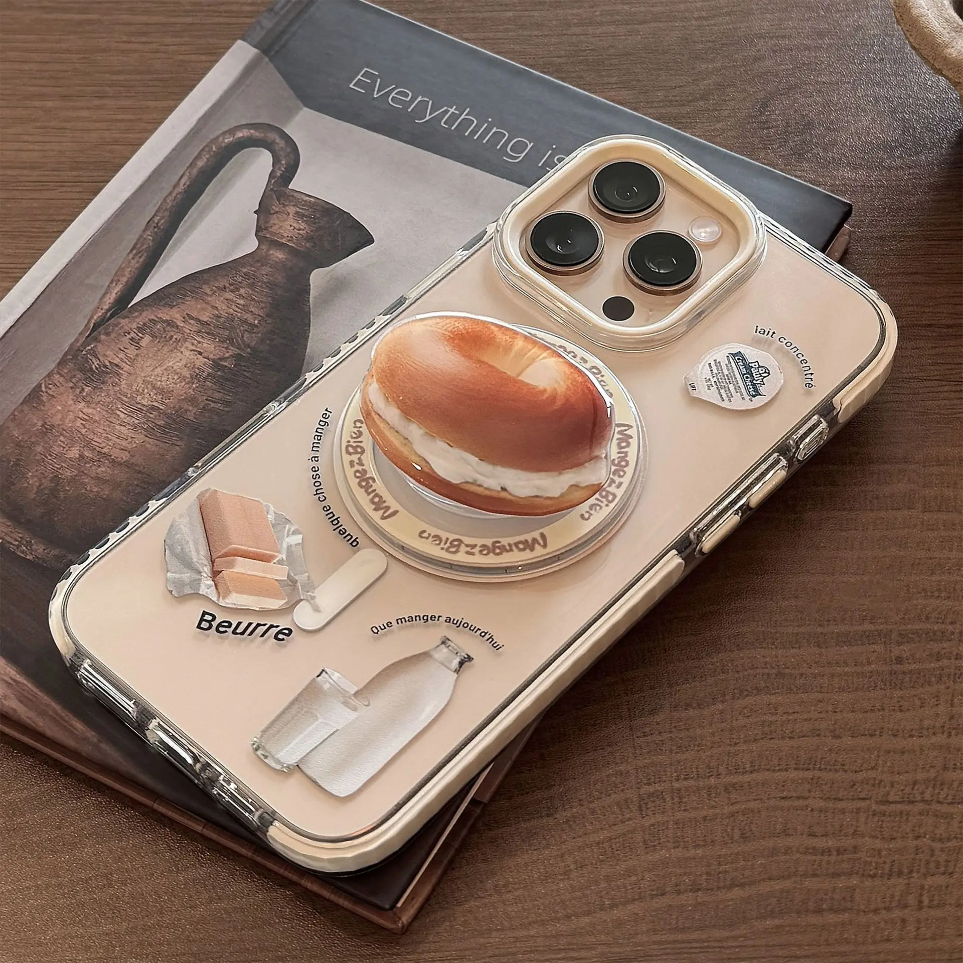 Funda de teléfono con soporte magnético, bolsa de leche para desayuno de pan francés, funda protectora transparente a prueba de golpes para iPhone 16 15 14 13 12 Pro Max