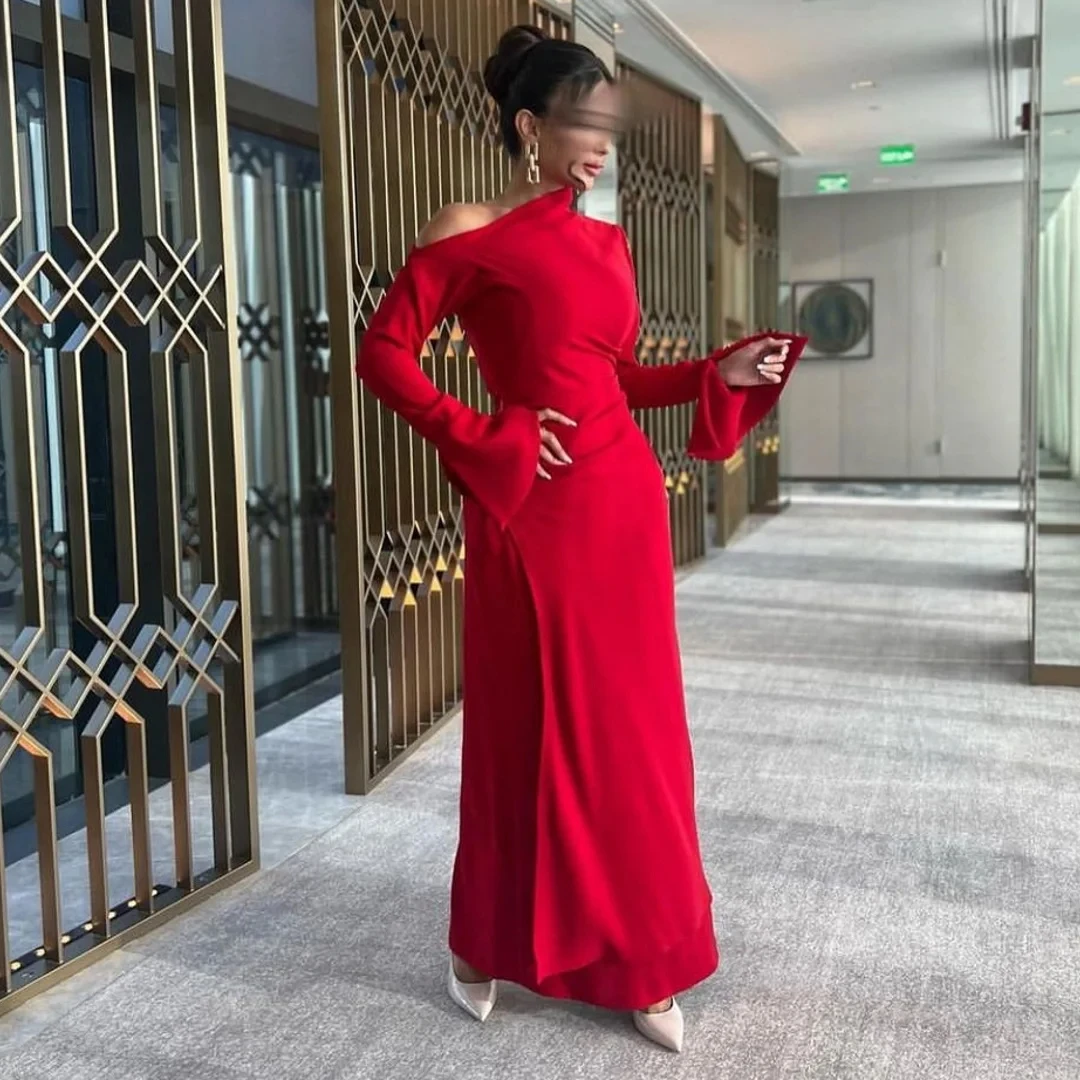 OIMG One Shoulder Red Prom Maxi Dresses Long Sleeves Customized Satin Ruched Sheath Elegant Evening Gowns Formal Party Dress