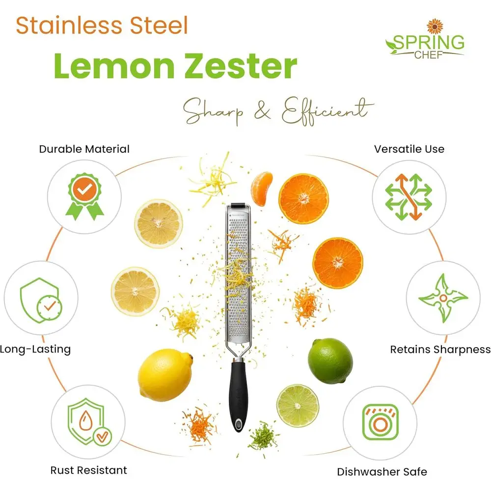 Heavy-Duty Stainless Steel Lemon Zester Grater with Handle for Garlic, Cheese, and Citrus - Kitchen Tool with Blade Cover - Blac