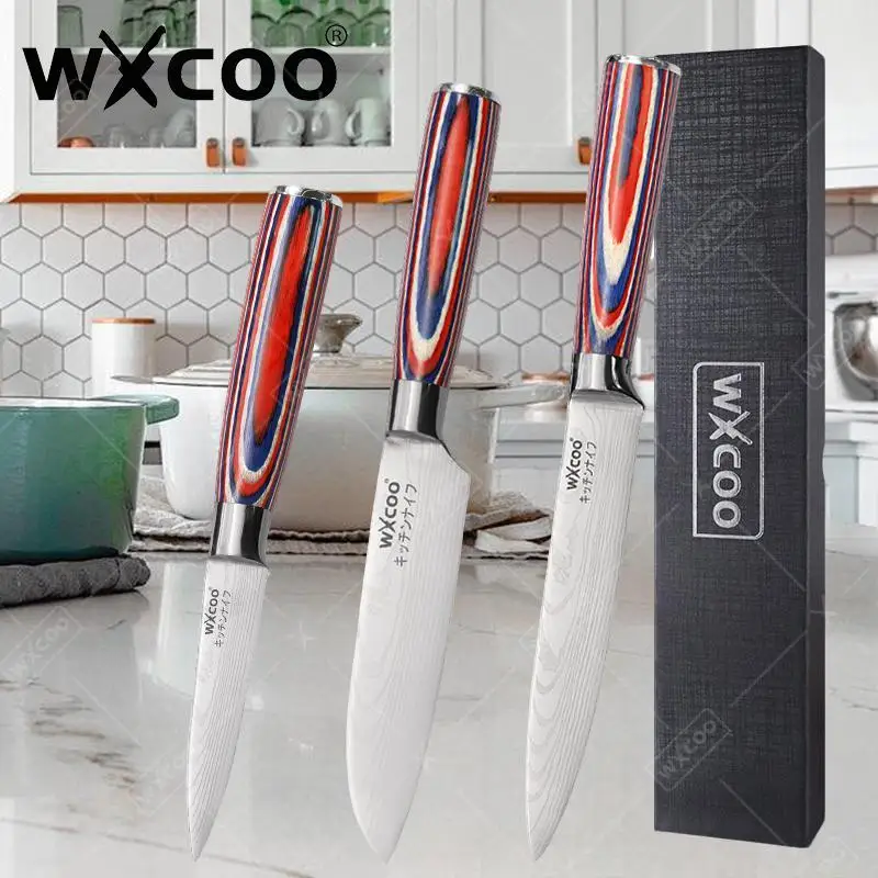 WXCOO Professionelle Küchenmesser Damaskus Geschenkbox Boning Meat Slicer Laser Obst Santoku Allzweckmesser Gemüsemesser