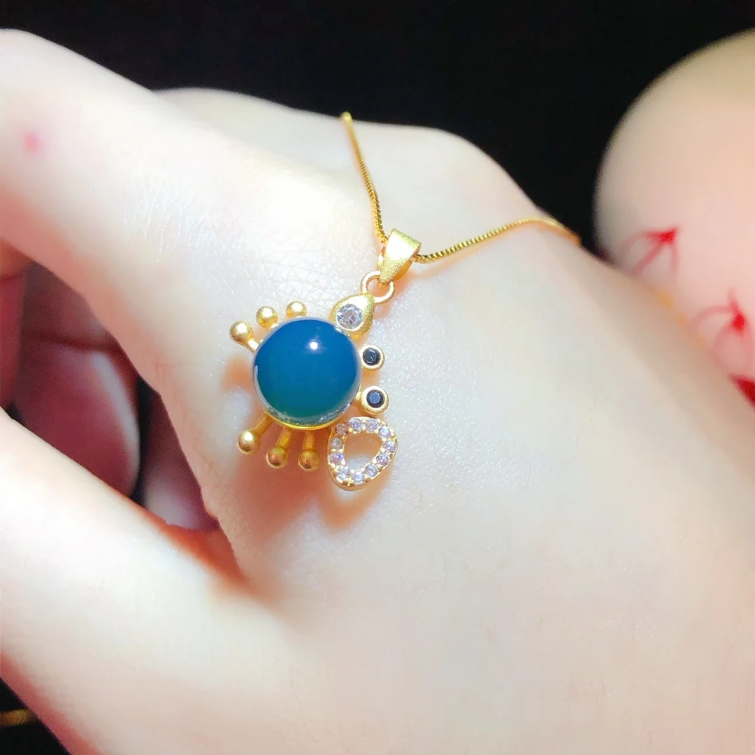 Pure Silver Mexican Blue Amber Pendant 7mm Crab Design Natural Gemstone Jewelry Gift for Women