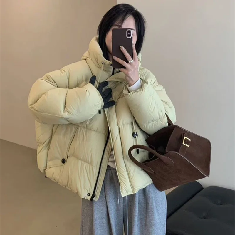 

Women Winter Short Down Coat Goose Down Flilling Drawstring Fluffy Thermal Hooded Coat Stand Collar Loose Casual Puffer Overcoat