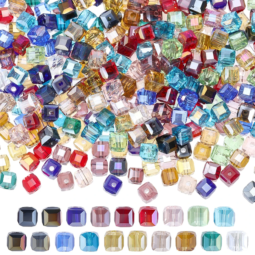 570Pcs Electroplate Glass Beads 19 Colors Cube Bead AB Color Plated Spacer Loose Beads for Bracelets Necklace Earrings Keychain