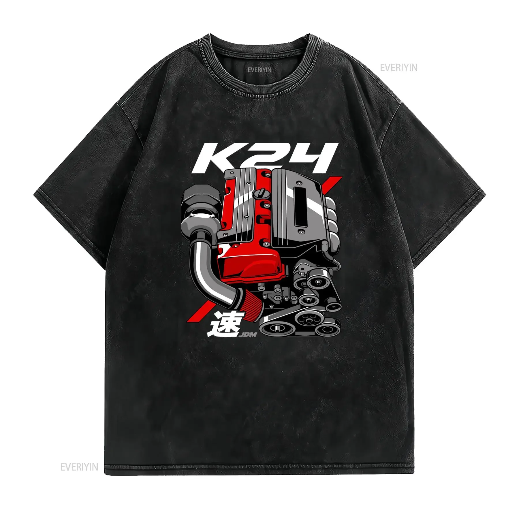 Streetwear Cool K24 JDM Engine Print Car Tuning Enthusiast Casual T Shirt vintage Washed Versatile Slightly Unisex homme