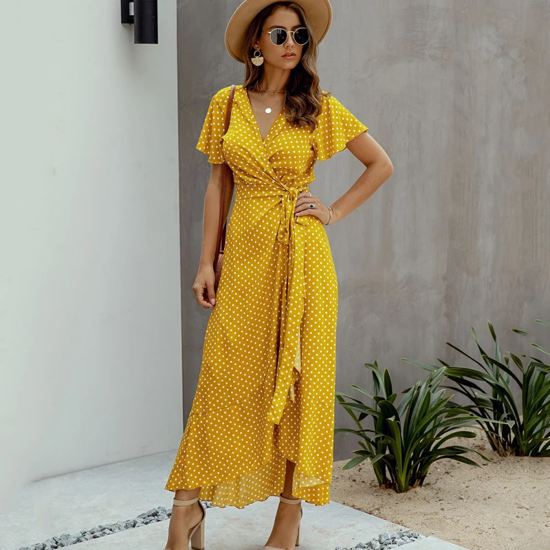 

Summer Maxi Dress Women Polka Dot Sexy V Neck Ruffles Short Sleeve Holiday Long Beach Sundress Ladies Lace Up Wrap Party Dresses