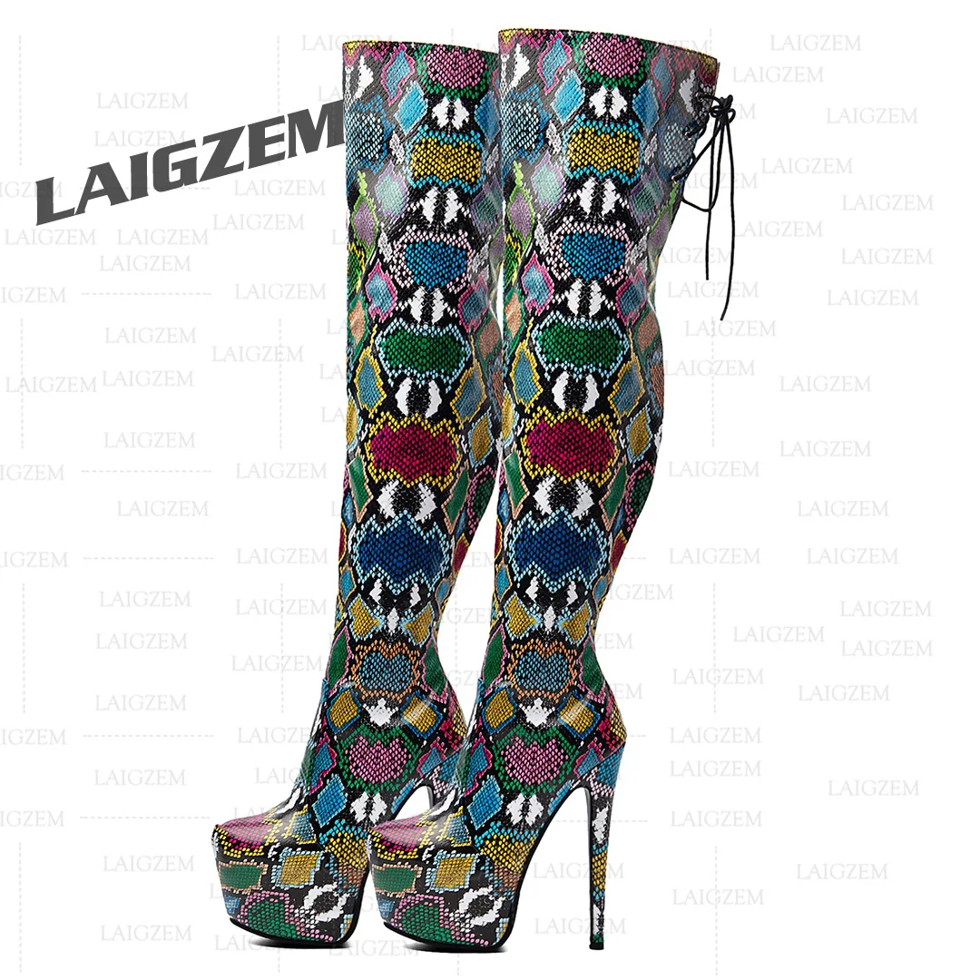 LAIGZEM Women Over Knee Boots Snake Print Thin High Heels Tall Boots Side Zippers Unisex Handmade Shoes Woman Plus Size 41 45 52