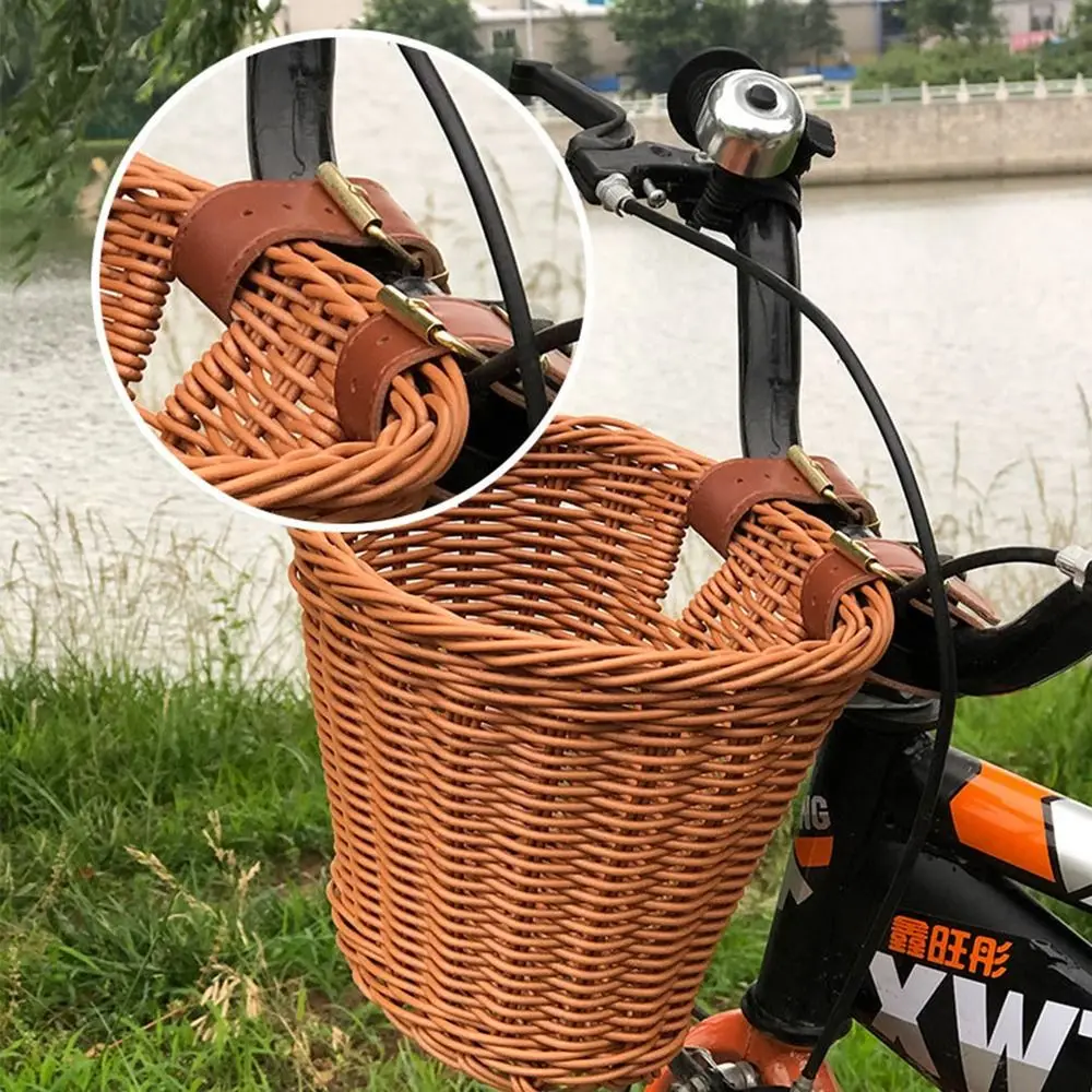 Woven Handmade Bike Basket Adjustable Leather Straps Multi-Colors Toddler Tiny Tricycle Baskets Brass Buckles Waterproof Storage