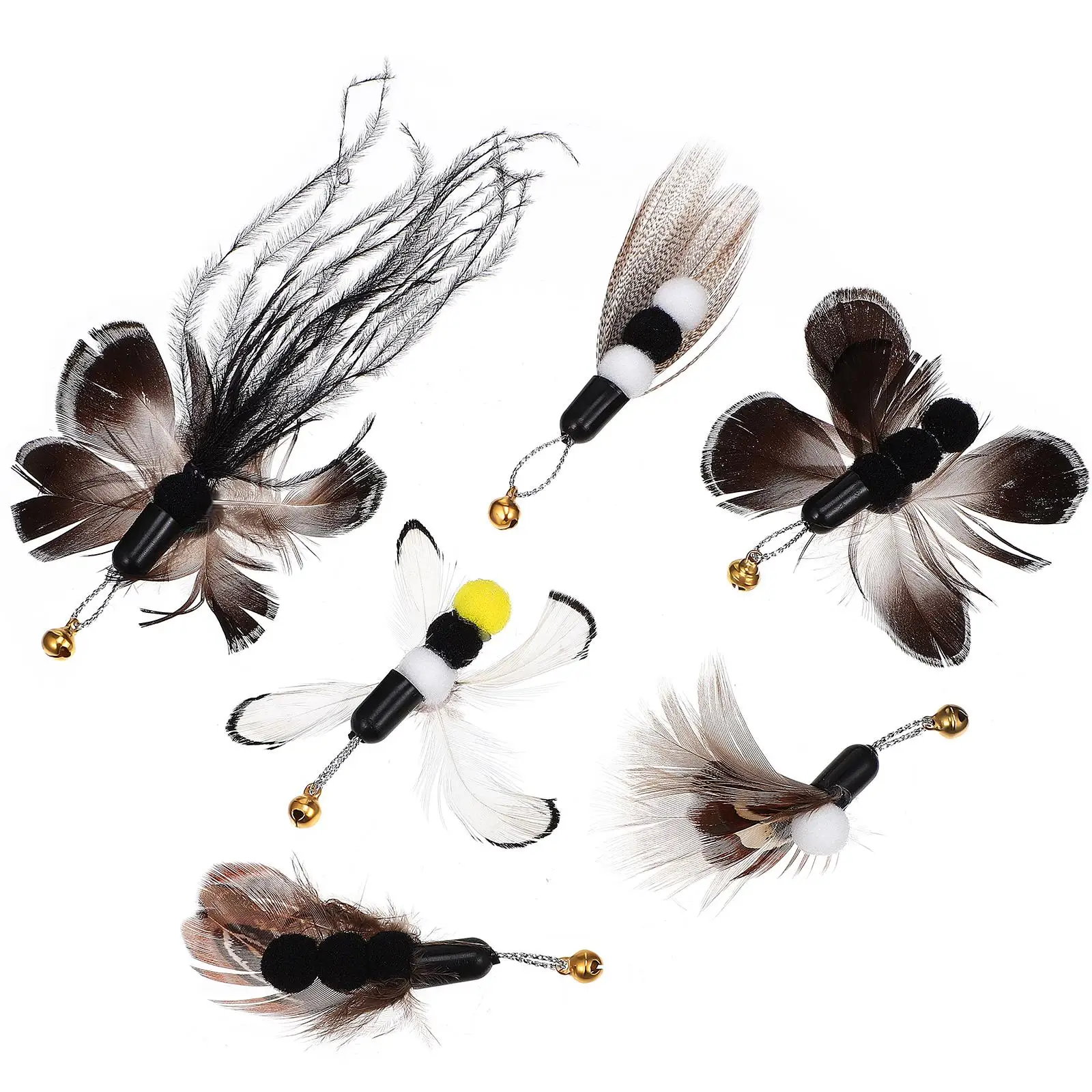 

6 Pcs Cat W Attachments Simulated Insect Replacement Heads Kitten Toys W Teaser Feather Collar Safe Materials Pet Supplies