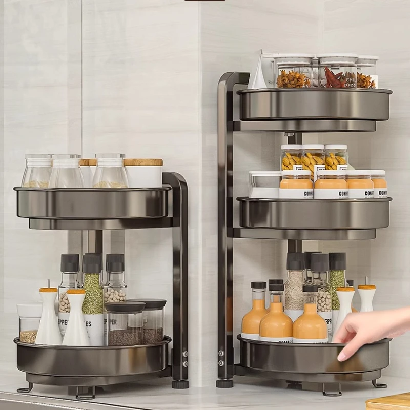 

Dual-tier Spice Carousel Corner Kitchen Storage Heavy-duty Rotating Shelf Removable Cleaning Design Antirust Seasoning Organizer