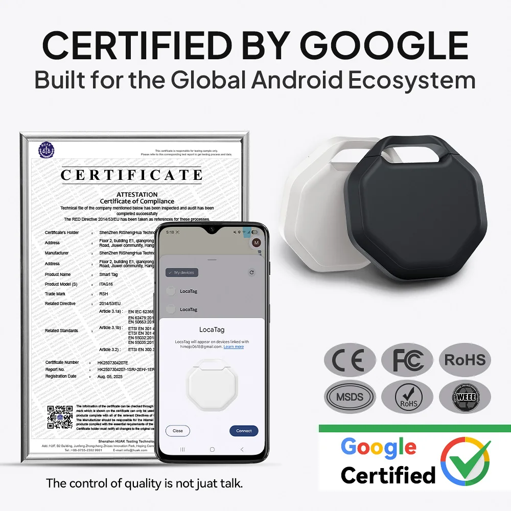 Bluetooth Anti‑Loss Tracker Compatible with Google's Find Hub for Pets Keys Wallet Bag Works with Android Pixel Xiaomi CE RoHS