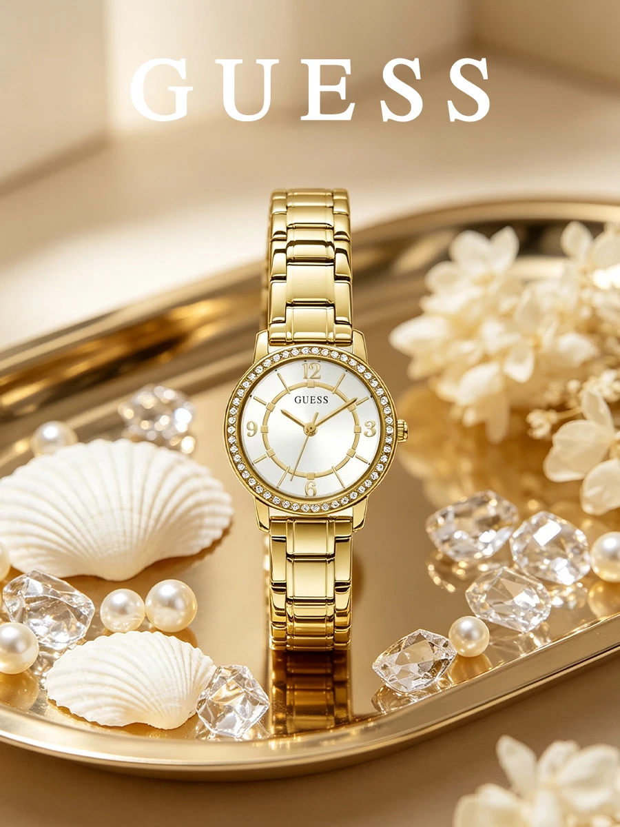 Guess Melody Gold Tone Crystal Bezel White Dial Stainless Steel Bracelet Analog Watch for Women GW0468L2