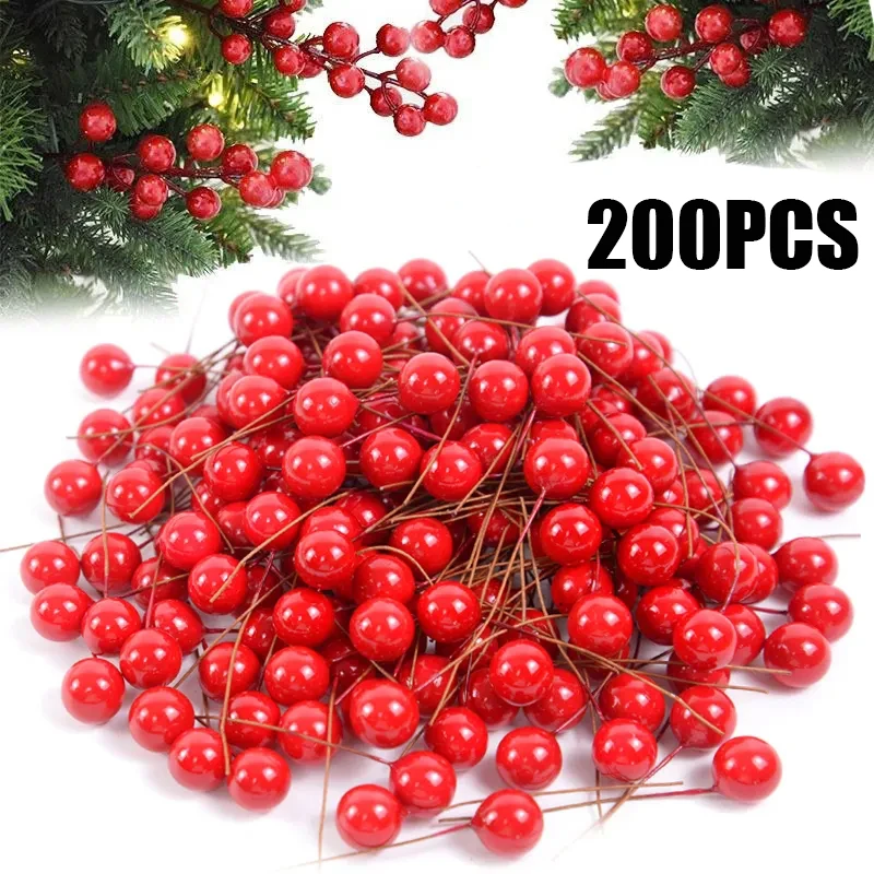 200/50pcs Christmas Pearl Stamens Artificial Berries Cherry Mini Fake Berry Flowers Christmas Tree Ornaments for DIY Party Decor