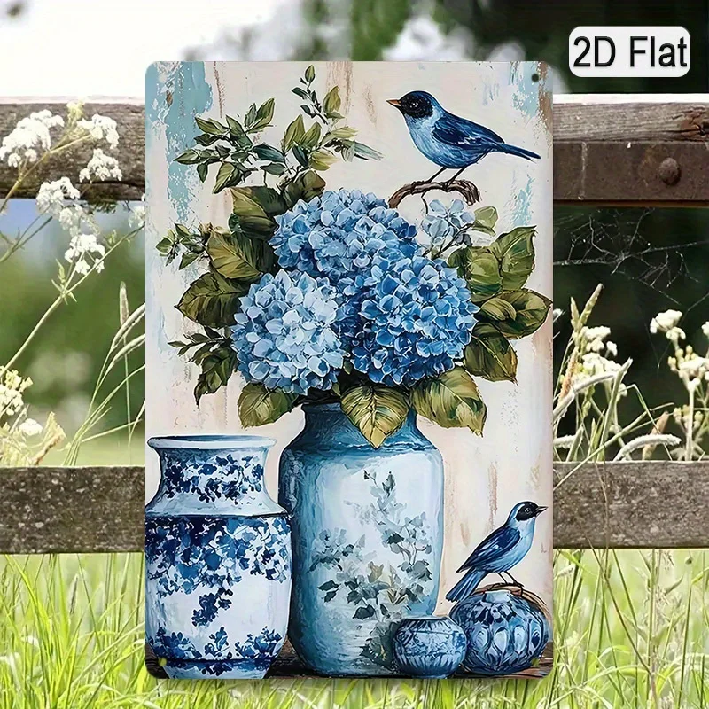 Blue Hydrangea and Flying Bird Tin Sign Wall Decor, Rustic Floral Aluminum Decoration, Suitable for Living Room and Kitchen