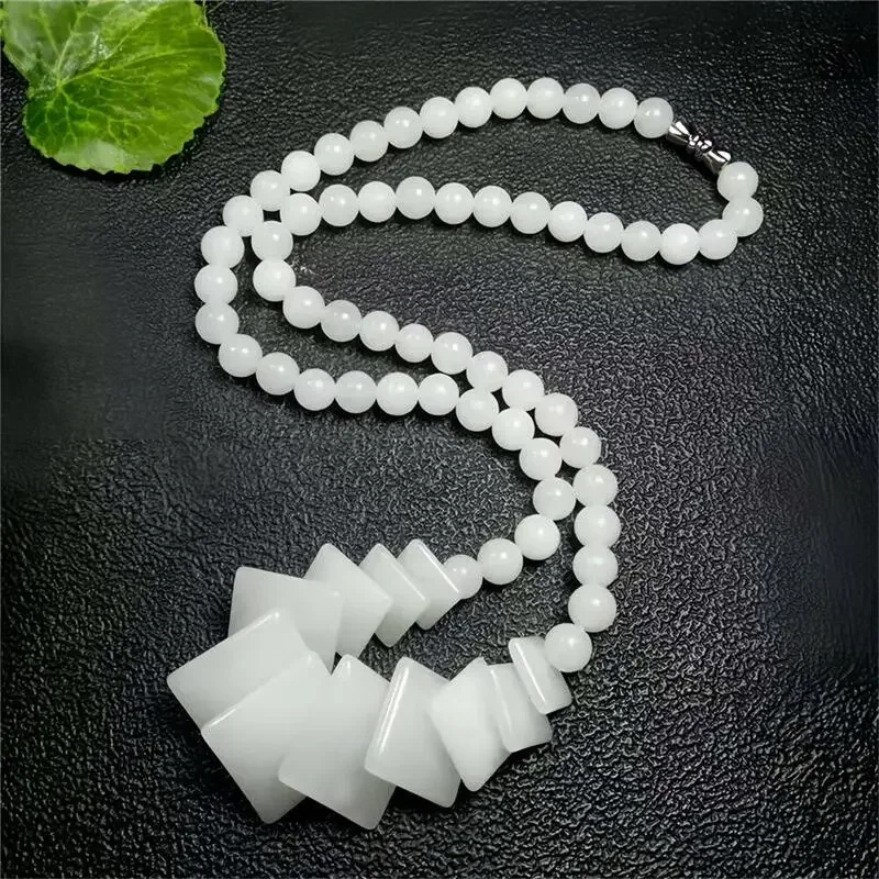 

White Real Jade Beads Necklace Gifts for Women Men Beaded Jadeite Gift Carved Energy Agate Chalcedony Natural Jewelry