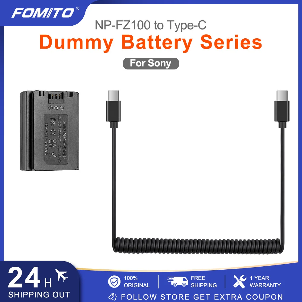 FOMITO NP-FZ100 Dummy Battery Decoded Battery Replacement with Type-C Spring Power Adapter Cable for Sony A9M2 A7M3 A7M4 A7R3