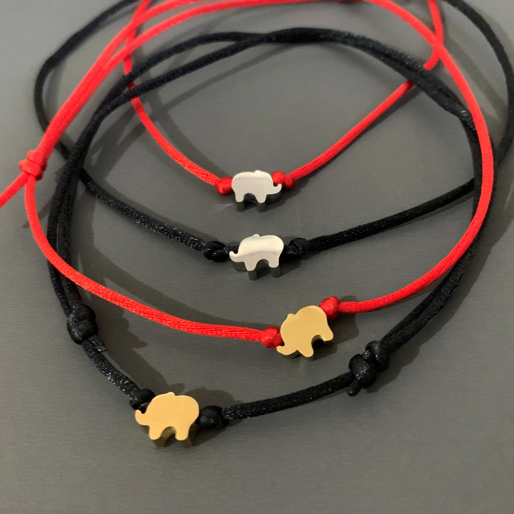 Cute Small Gloosy Steel Elephant Charm Woven Rope Bracelet Red Black String Handmade Jewelry Wholesale