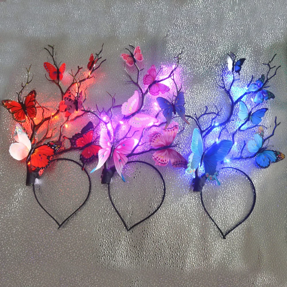 Women Girl Glow Light Butterfly Antler Headband Tree Branches Elk Hair Band Headdress Birthday Props Wedding Festival Halloween