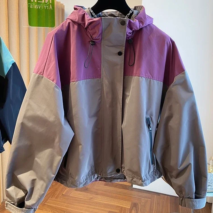 

Hooded Bomber Jacket Women Loose Outdoor Spring Vintage Windbreaker Women Contrast - Color Short Coats Lady Outerwears