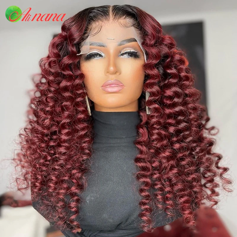 

99J Burgundy Curly Human Hair Wigs 13x6 Lace Front Wig Pre-Plucked Transparent Lace Wig Ombre Orange Human Hair Wigs 180 Density