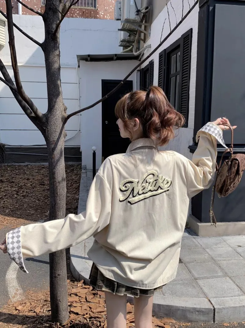 ใหม่ Retro Corduroy Tie เสื้อผู้หญิงลําลอง Oversize Preppy สไตล์เสื้อหลวมแขนยาวลายสก๊อต Patchwork Bf ออกแบบเสื้อฤดูใบไม้ผลิ