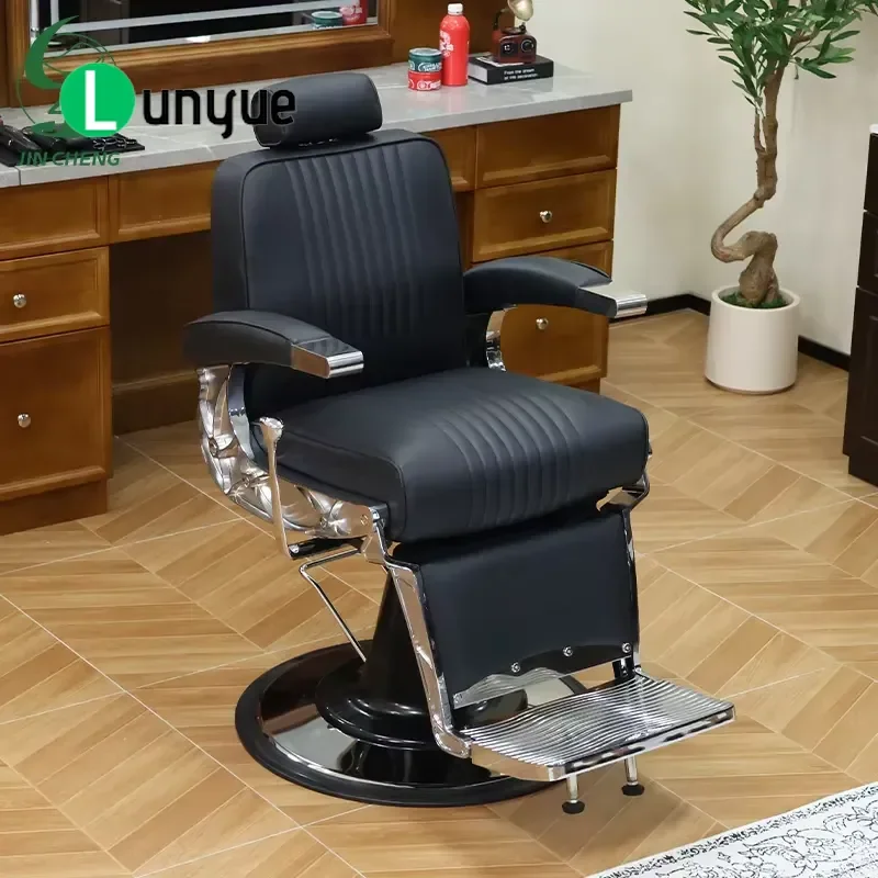 Heavy Duty Hydraulic Barber Chair Black Leather Vintage Portable Reclining Premium Furniture for Men Professional