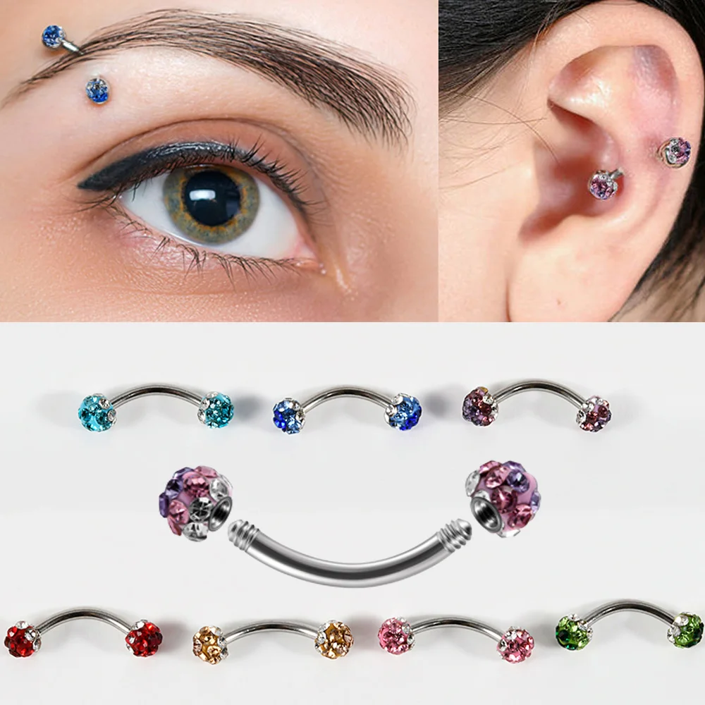 1/5/7PCS Surgical Steel Rhinestones External Thread Eyebrow Ring 16G Curved Barbell Ear Cartilage Tragus Helix Body Piercing