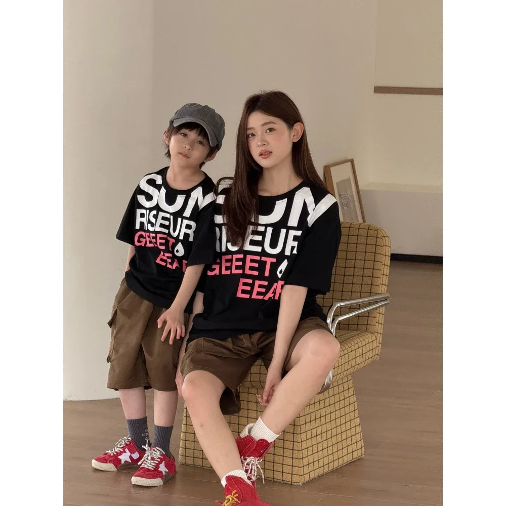 2026 Summer Mommy and Me Matching Letter Print Tee Family Outfit Casual Short Sleeve Top for Mom Dad Daughter Son Streetwear