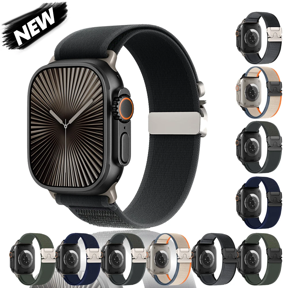 Cinturino in nylon da uomo per Apple Watch Ultra 49mm 10 42mm 46mm Cinturino magnetico ad anello semplice per iWatch Series9 8 7 6 5 45mm 41mm 40mm 38mm