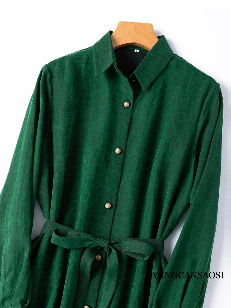 جودة تحسس الرجعية الغابات الخضراء 100% التوت الطبيعي الحرير السلاحف الكراك عبق سحابة الغزل كم طويل فضفاض الدانتيل قميص فستان