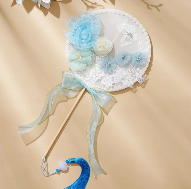 Elegant Long-Handled Fan Traditional Chinese Hanfu Accessory for Photography Wedding Favor with Flowing Tassel Silk Ribbon round
