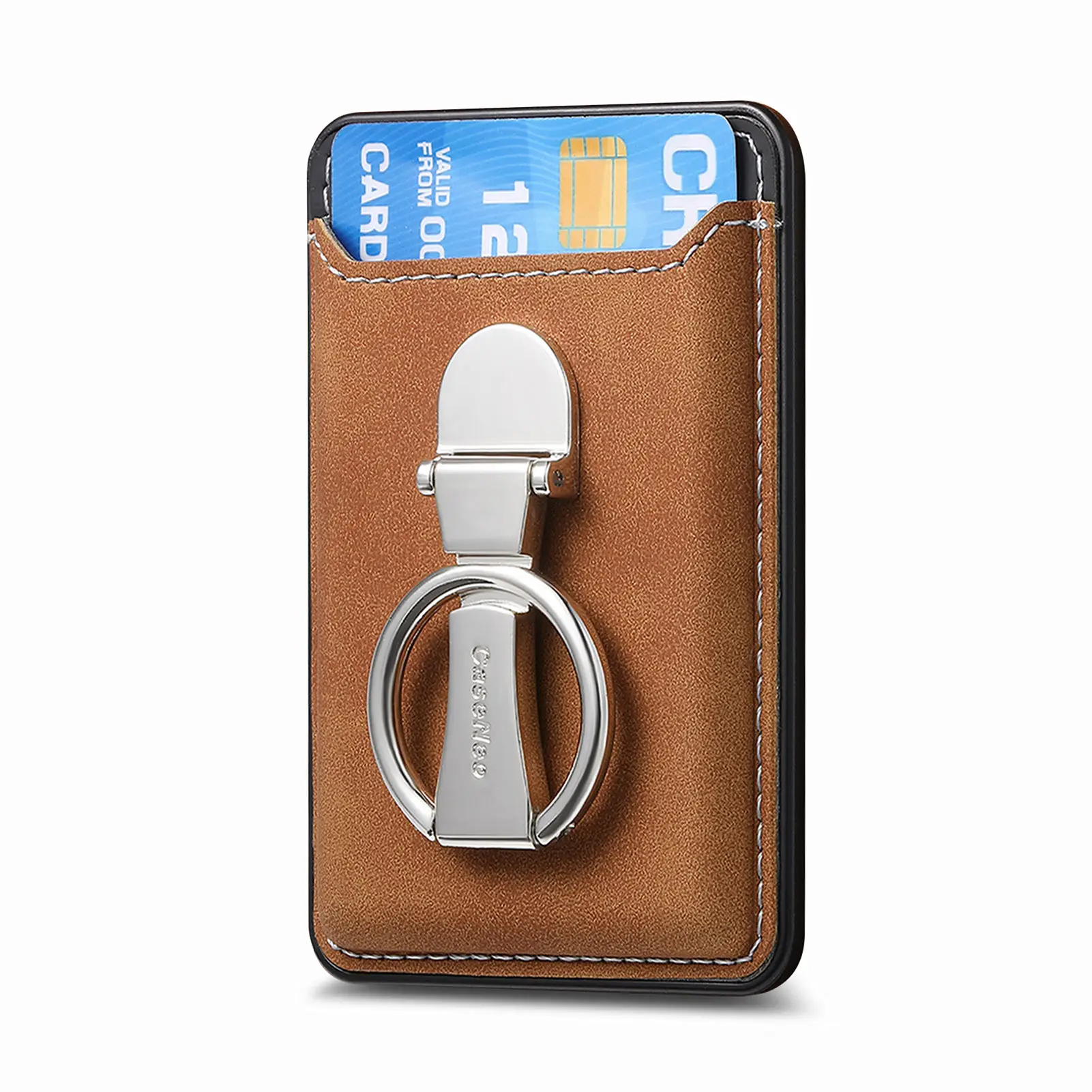 

For MagSafe Card Wallet Leather Case Magnetic Holder Pocket With Ring Kickstand For iPhone Samsung Smartphones 5 inch -8 inch