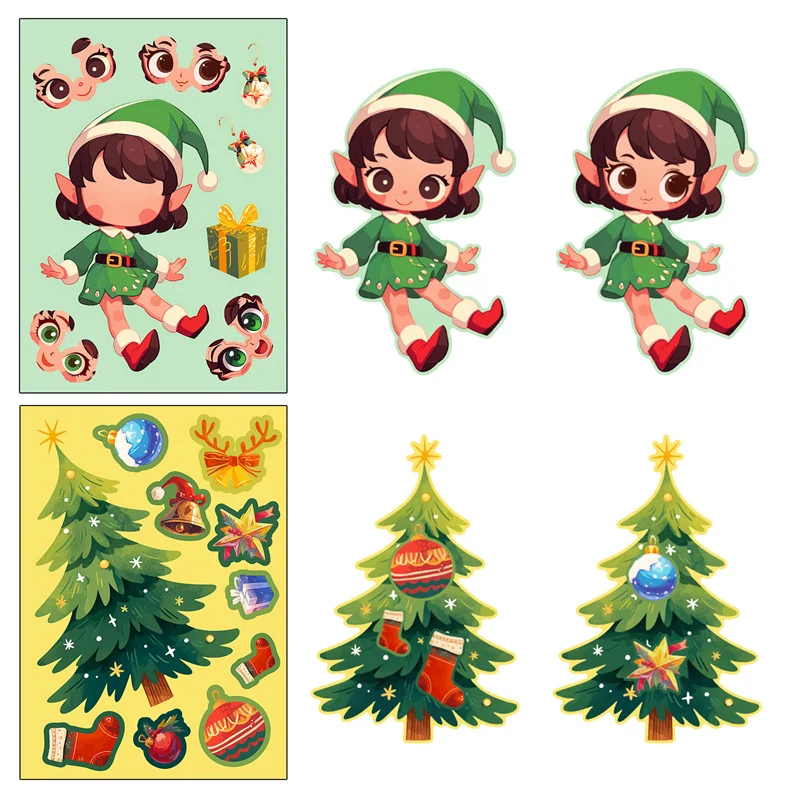 Fun Christmas Theme Stickers For Kids Children Puzzle DIY Crystal Ball Elf Christmas Tree Stickers Make A Face Assembled Jigsaw