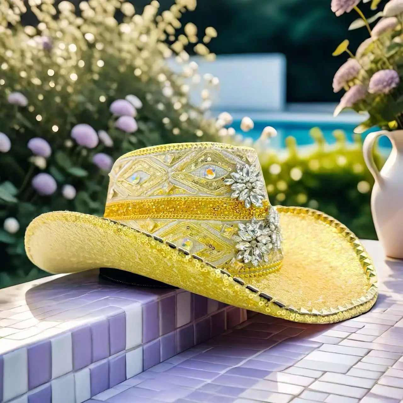 Hongluan glitter traje chapéu adulto & cowboy chapéus strass para mulher, cowboy cosplay acessórios femininos & cowgirl boné