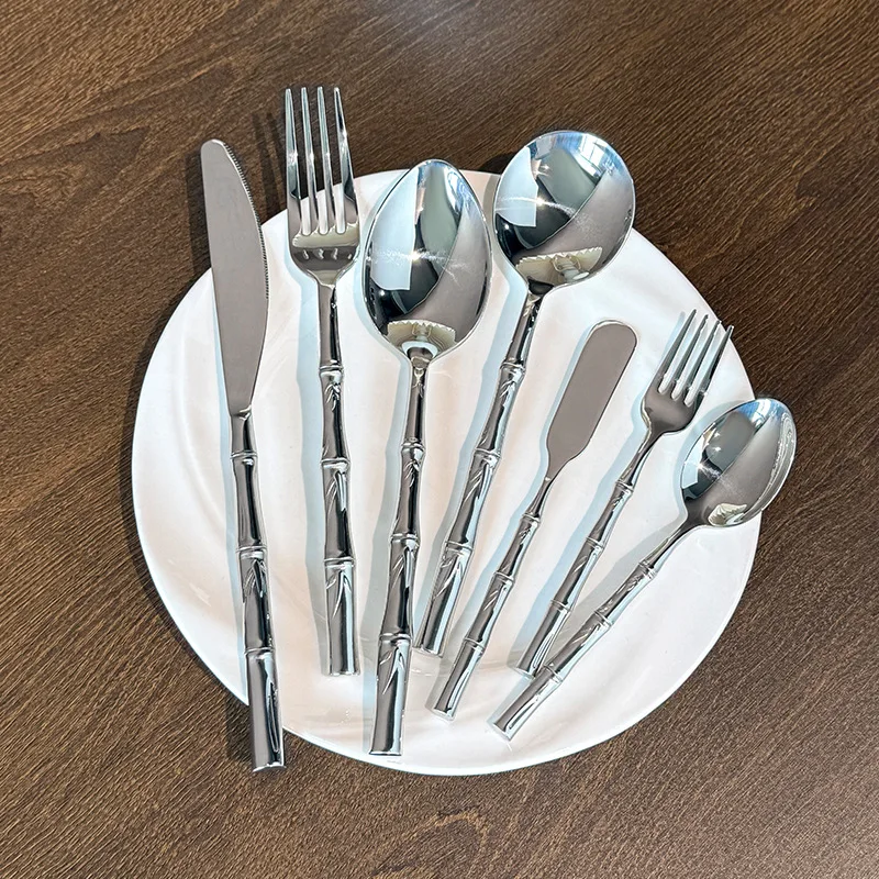 

7PCS/Sets Stainless Steel 304 Cutlery Set Sliver Tableware Western Bamboo Shaped Handle Dinner Set Knife Fork Spoon Sliverware