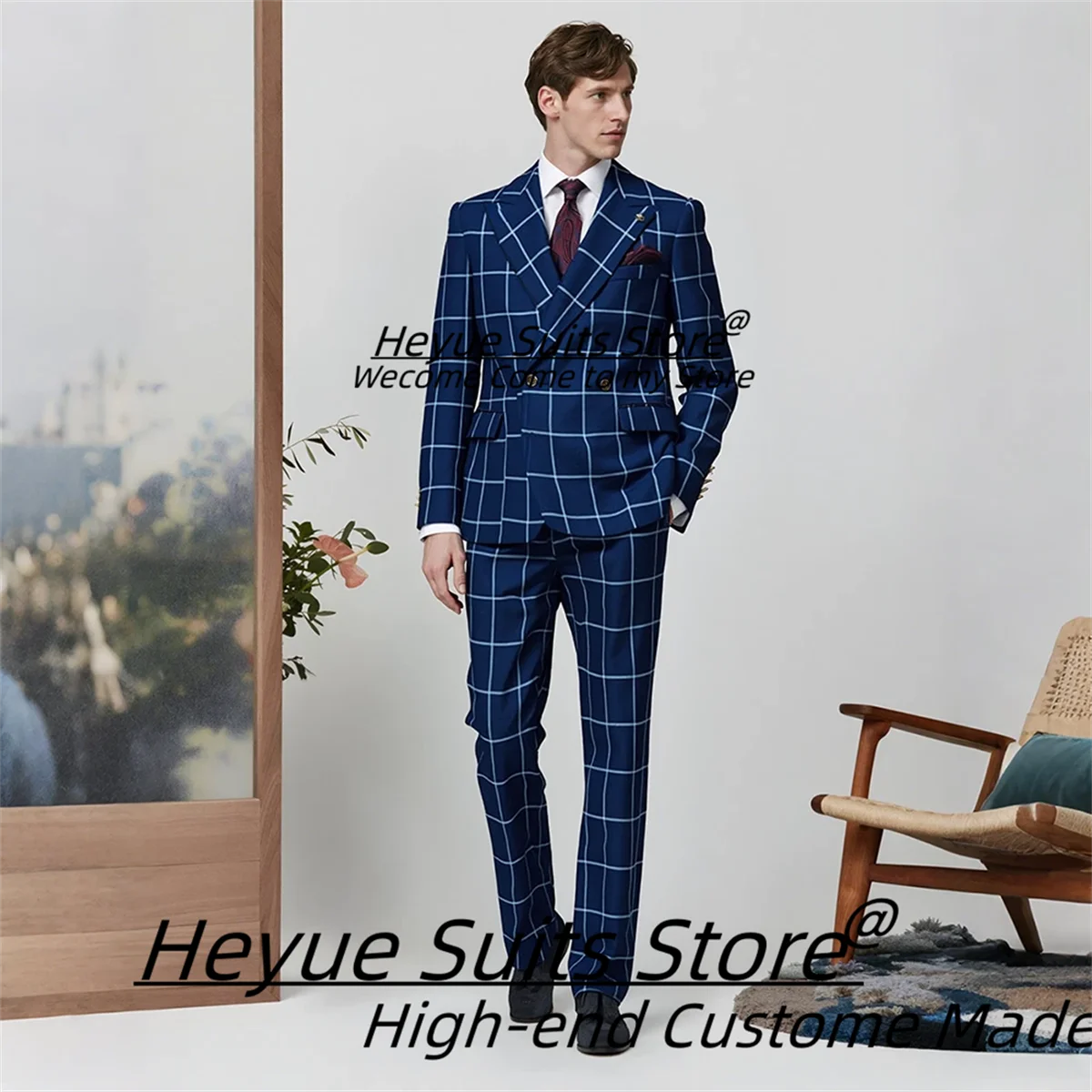 

Итальянский стиль, модные клетчатые мужские костюмы, индивидуальные тонкие двубортные смокинги для жениха, комплекты из 2 предметов, мужские пиджаки, деловые Ropa Hombre