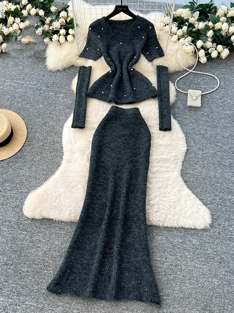 Setelan Sweater Kasmir Streetwear Wanita dengan Hiasan Manik-Manik, Atasan Rajut Oversleeve + Rok Panjang Elastis, Set Rajut Mutiara костюм