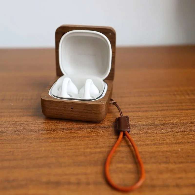 Walnut Wood Earphone Case for Xiaomi Clip Earbuds, Handmade Carved Dog Pattern, Split Design, Solid Walnut, Precision Fit