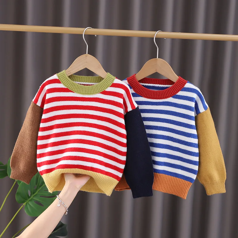 

Autumn new pattern childrens knitted sweater men and women Fashionable and versatile Round neck pullover Striped knitted sweater