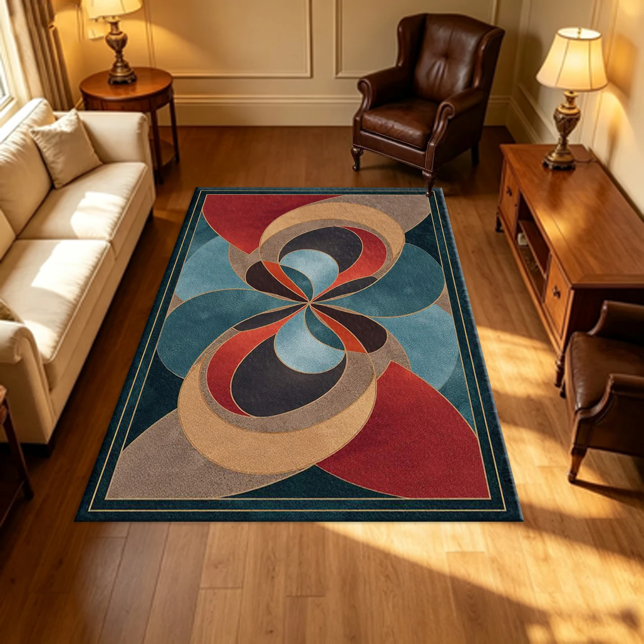 Art Deco Overlapping Circular Geometric Carpet Flooring Teal Red Gold Tone Framed Household Hall Indoor Large Floor Area Rug