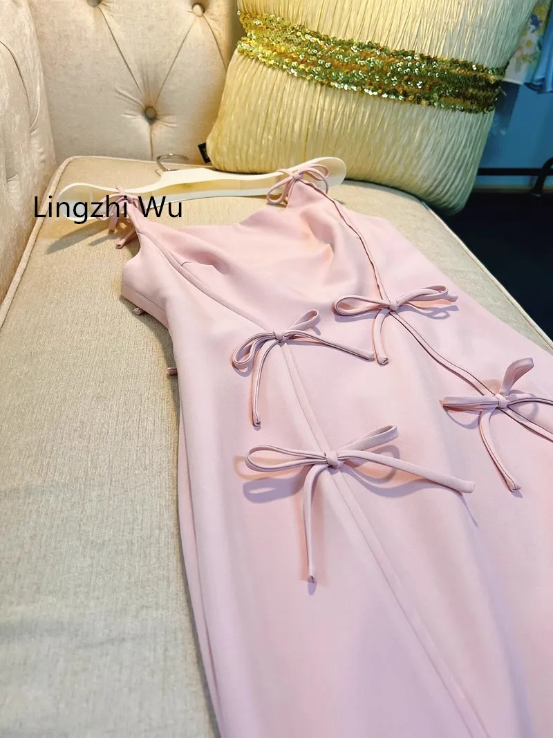 Lingzhi Wu-Elegant Formal Dress for Ladies, Slash Neck, Bow, Pink, Slim Spaghetti Strap, Bud, Slim Waist, French Design