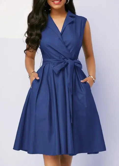 Vestido Midi informal de verano para mujer, traje liso con cuello vuelto, sin mangas, con detalle de lazo, diseño de bolsillo, línea A, para uso diario, 2023