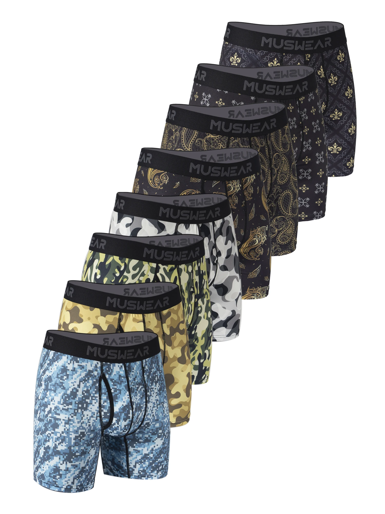 

MUSWEAR 8pcs Men's Boxer Briefs Set Double-Sided Brushed High Elasticity Quick-Drying Side Zipper Wide Waistband All-over Print