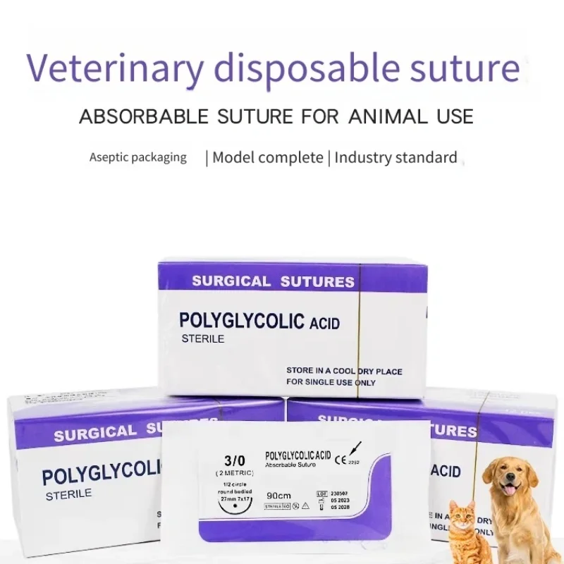 Veterinary absorbable suture, polyglycolic suture 3-0  (0/2-0/3-0/4-0 medical suture) (1pck90cm round suture/reverse suture)