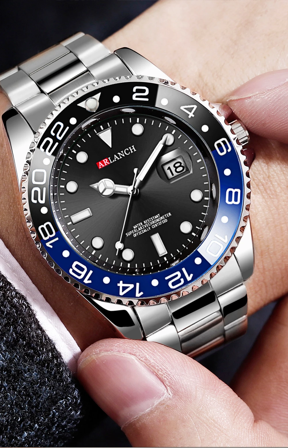 Business-Edelstahluhr 40mm Klassische Rot-Blaue Kreis-Taucheruhr mit Vergrößerungsglas und Kalender Quarzuhren montre homme – Detail 10