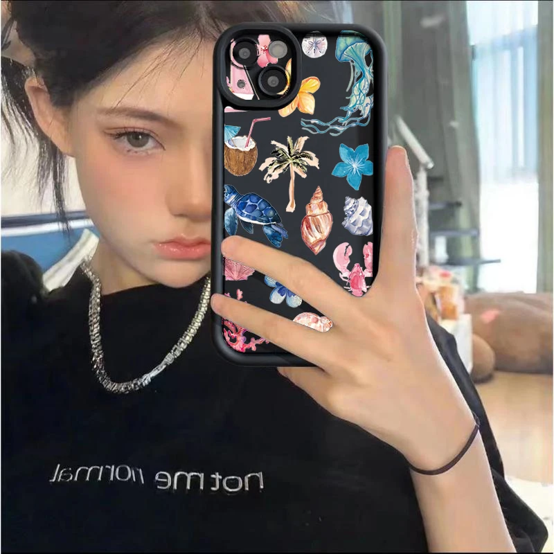 

Turtle Lobster Coconut Print Phone Case For iPhone 16 15 14 13 12 11 Pro Max XS X XR 16e 7 8 Plus SE 2022 Shockproof Soft Cover
