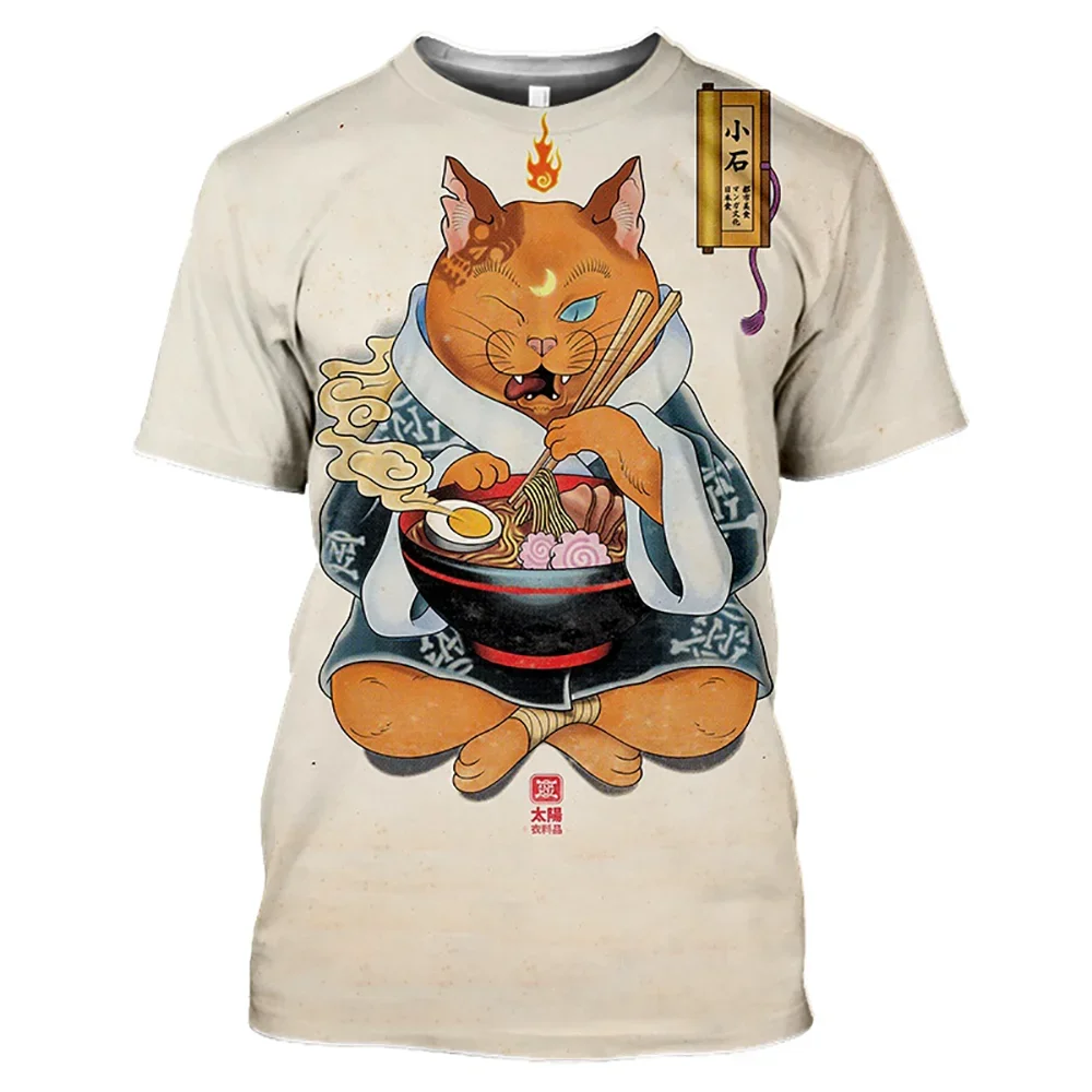 New Fashion Vintage T-shirt Samurai Cat Tattoo Shirt Men\'s 3D Cool Print Art Classic Shirt Summer Trend Round Neck T-shirt